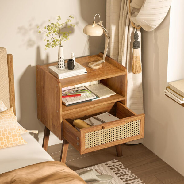 Lerliuo Rattan Nightstand, Boho Side Table with Drawer Open Shelf, Cane Accent Bedside End Table with Solid Wood Legs for Bedroom, Dorm and Small Spaces (Natural)