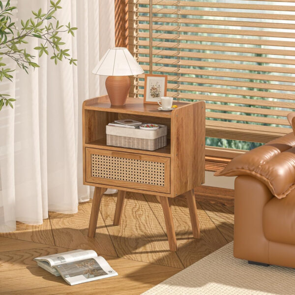 Lerliuo Rattan Nightstand, Boho Side Table with Drawer Open Shelf, Cane Accent Bedside End Table with Solid Wood Legs for Bedroom, Dorm and Small Spaces (Natural)