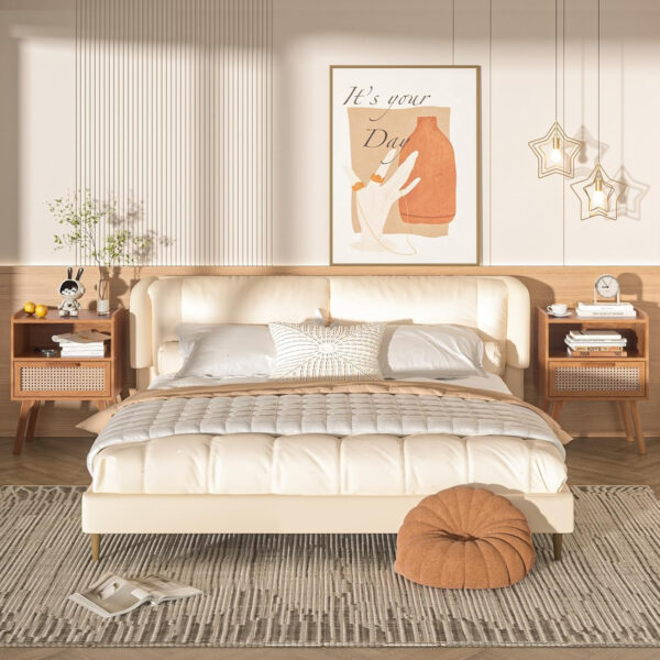 Lerliuo Rattan Nightstand, Boho Side Table with Drawer Open Shelf, Cane Accent Bedside End Table with Solid Wood Legs for Bedroom, Dorm and Small Spaces (Natural)
