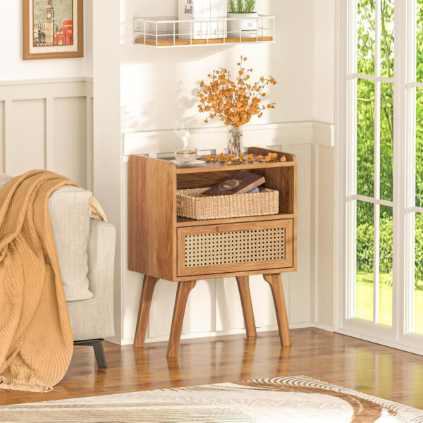 Lerliuo Rattan Nightstand, Boho Side Table with Drawer Open Shelf, Cane Accent Bedside End Table with Solid Wood Legs for Bedroom, Dorm and Small Spaces (Natural)