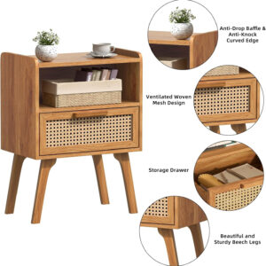 Lerliuo Rattan Nightstand, Boho Side Table with Drawer Open Shelf, Cane Accent Bedside End Table with Solid Wood Legs for Bedroom, Dorm and Small Spaces (Natural)