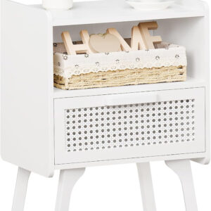 Lerliuo Rattan Nightstand, Boho Side Table with Drawer Open Shelf, Cane Accent Bedside End Table with Solid Wood Legs for Bedroom, Dorm and Small Spaces (Natural)