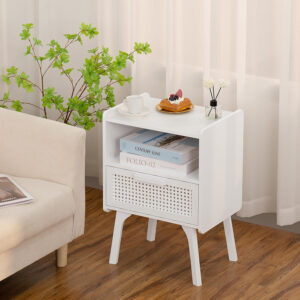Lerliuo Rattan Nightstand, Boho Side Table with Drawer Open Shelf, Cane Accent Bedside End Table with Solid Wood Legs for Bedroom, Dorm and Small Spaces (Natural)