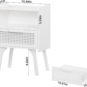 Lerliuo Rattan Nightstand, Boho Side Table with Drawer Open Shelf, Cane Accent Bedside End Table with Solid Wood Legs for Bedroom, Dorm and Small Spaces (Natural)