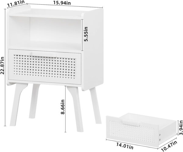 Lerliuo Rattan Nightstand, Boho Side Table with Drawer Open Shelf, Cane Accent Bedside End Table with Solid Wood Legs for Bedroom, Dorm and Small Spaces (Natural)