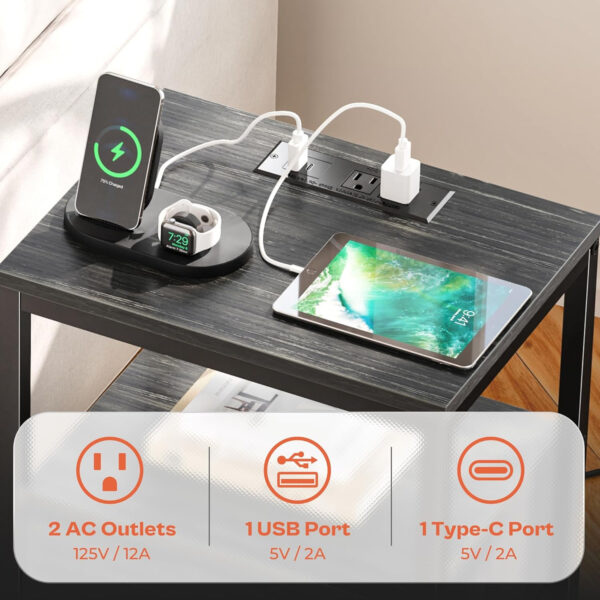 SUPERJARE Nightstand with Charging Station, Bed Side Table with Adjustable Fabric Drawer, Night Stand for Bedroom, 3-Tier Storage End Table, for Living Room, Rustic Brown and Black