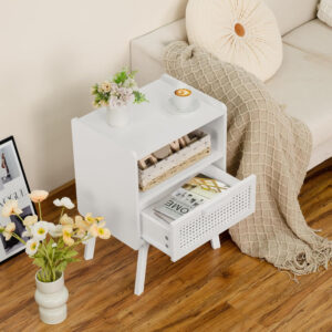 Lerliuo Rattan Nightstand, Boho Side Table with Drawer Open Shelf, Cane Accent Bedside End Table with Solid Wood Legs for Bedroom, Dorm and Small Spaces (Natural)