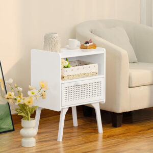 Lerliuo Rattan Nightstand, Boho Side Table with Drawer Open Shelf, Cane Accent Bedside End Table with Solid Wood Legs for Bedroom, Dorm and Small Spaces (Natural)