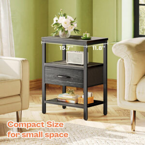 SUPERJARE Nightstand with Charging Station, Bed Side Table with Adjustable Fabric Drawer, Night Stand for Bedroom, 3-Tier Storage End Table, for Living Room, Rustic Brown and Black