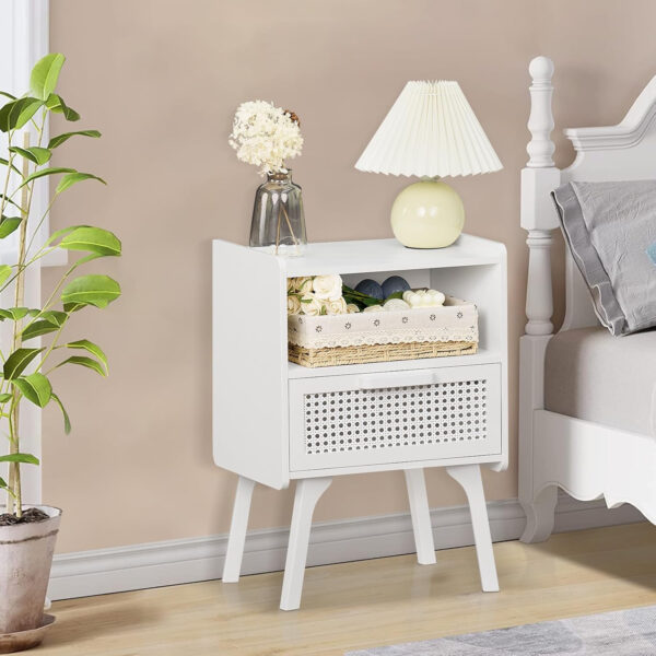 Lerliuo Rattan Nightstand, Boho Side Table with Drawer Open Shelf, Cane Accent Bedside End Table with Solid Wood Legs for Bedroom, Dorm and Small Spaces (Natural)