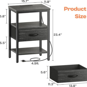 SUPERJARE Nightstand with Charging Station, Bed Side Table with Adjustable Fabric Drawer, Night Stand for Bedroom, 3-Tier Storage End Table, for Living Room, Rustic Brown and Black