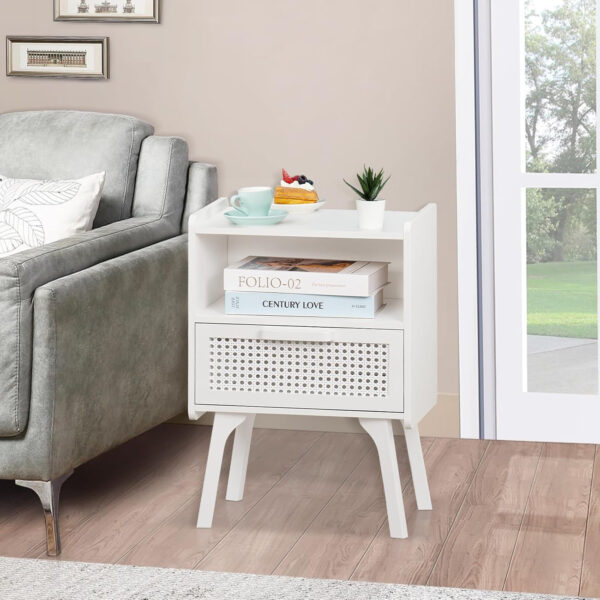 Lerliuo Rattan Nightstand, Boho Side Table with Drawer Open Shelf, Cane Accent Bedside End Table with Solid Wood Legs for Bedroom, Dorm and Small Spaces (Natural)
