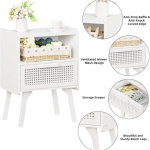Lerliuo Rattan Nightstand, Boho Side Table with Drawer Open Shelf, Cane Accent Bedside End Table with Solid Wood Legs for Bedroom, Dorm and Small Spaces (Natural)
