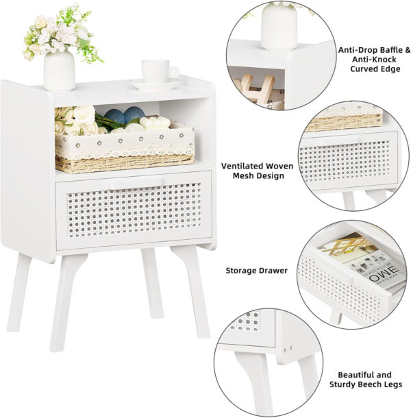Lerliuo Rattan Nightstand, Boho Side Table with Drawer Open Shelf, Cane Accent Bedside End Table with Solid Wood Legs for Bedroom, Dorm and Small Spaces (Natural)