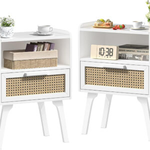 Lerliuo Rattan Nightstand, Boho Side Table with Drawer Open Shelf, Cane Accent Bedside End Table with Solid Wood Legs for Bedroom, Dorm and Small Spaces (Natural)