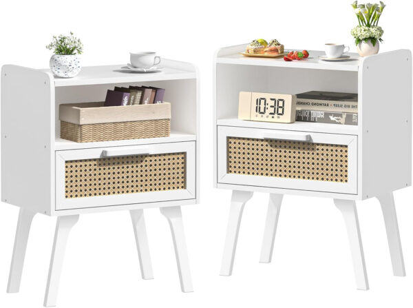 Lerliuo Rattan Nightstand, Boho Side Table with Drawer Open Shelf, Cane Accent Bedside End Table with Solid Wood Legs for Bedroom, Dorm and Small Spaces (Natural)