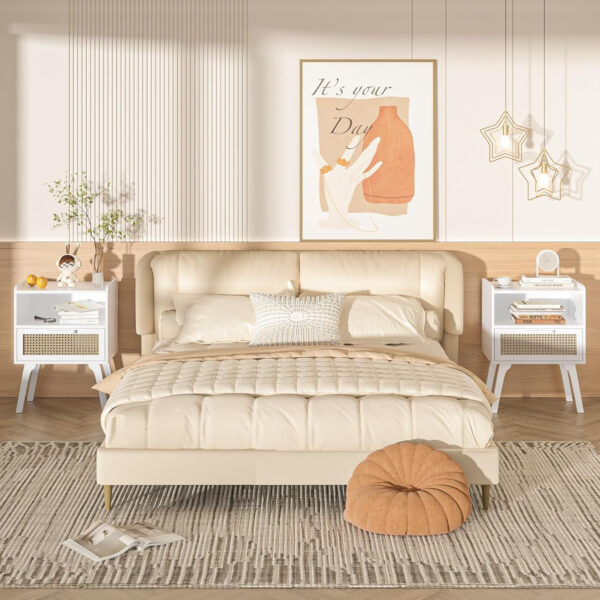 Lerliuo Rattan Nightstand, Boho Side Table with Drawer Open Shelf, Cane Accent Bedside End Table with Solid Wood Legs for Bedroom, Dorm and Small Spaces (Natural)