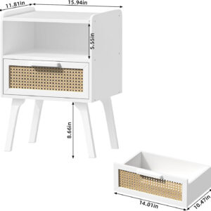 Lerliuo Rattan Nightstand, Boho Side Table with Drawer Open Shelf, Cane Accent Bedside End Table with Solid Wood Legs for Bedroom, Dorm and Small Spaces (Natural)