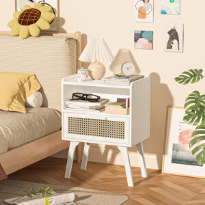 Lerliuo Rattan Nightstand, Boho Side Table with Drawer Open Shelf, Cane Accent Bedside End Table with Solid Wood Legs for Bedroom, Dorm and Small Spaces (Natural)