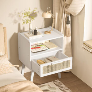 Lerliuo Rattan Nightstand, Boho Side Table with Drawer Open Shelf, Cane Accent Bedside End Table with Solid Wood Legs for Bedroom, Dorm and Small Spaces (Natural)