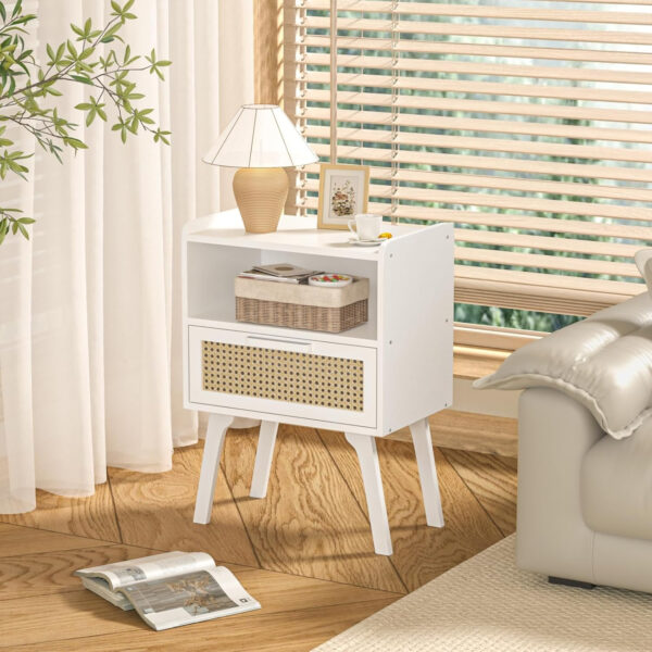 Lerliuo Rattan Nightstand, Boho Side Table with Drawer Open Shelf, Cane Accent Bedside End Table with Solid Wood Legs for Bedroom, Dorm and Small Spaces (Natural)