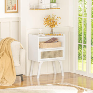 Lerliuo Rattan Nightstand, Boho Side Table with Drawer Open Shelf, Cane Accent Bedside End Table with Solid Wood Legs for Bedroom, Dorm and Small Spaces (Natural)