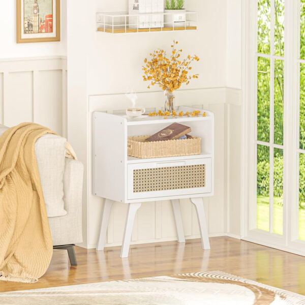 Lerliuo Rattan Nightstand, Boho Side Table with Drawer Open Shelf, Cane Accent Bedside End Table with Solid Wood Legs for Bedroom, Dorm and Small Spaces (Natural)