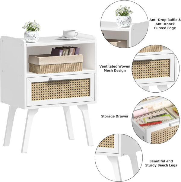 Lerliuo Rattan Nightstand, Boho Side Table with Drawer Open Shelf, Cane Accent Bedside End Table with Solid Wood Legs for Bedroom, Dorm and Small Spaces (Natural)