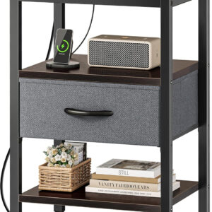 SUPERJARE Nightstand with Charging Station, Bed Side Table with Adjustable Fabric Drawer, Night Stand for Bedroom, 3-Tier Storage End Table, for Living Room, Rustic Brown and Black