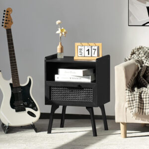 Lerliuo Rattan Nightstand, Boho Side Table with Drawer Open Shelf, Cane Accent Bedside End Table with Solid Wood Legs for Bedroom, Dorm and Small Spaces (Natural)