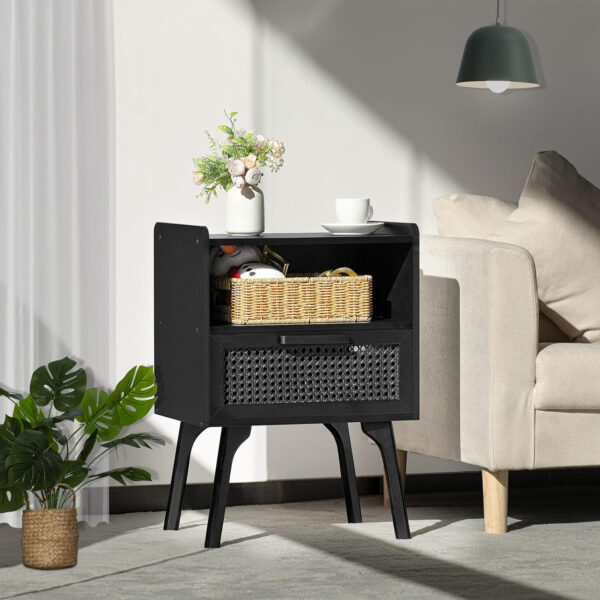 Lerliuo Rattan Nightstand, Boho Side Table with Drawer Open Shelf, Cane Accent Bedside End Table with Solid Wood Legs for Bedroom, Dorm and Small Spaces (Natural)