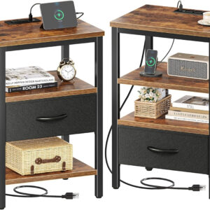 SUPERJARE Nightstand with Charging Station, Bed Side Table with Adjustable Fabric Drawer, Night Stand for Bedroom, 3-Tier Storage End Table, for Living Room, Rustic Brown and Black