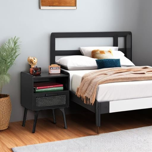 Lerliuo Rattan Nightstand, Boho Side Table with Drawer Open Shelf, Cane Accent Bedside End Table with Solid Wood Legs for Bedroom, Dorm and Small Spaces (Natural)