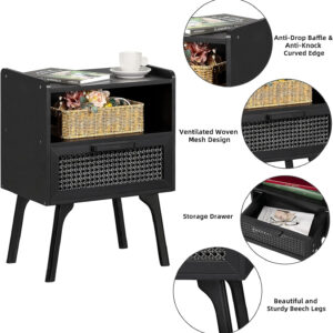Lerliuo Rattan Nightstand, Boho Side Table with Drawer Open Shelf, Cane Accent Bedside End Table with Solid Wood Legs for Bedroom, Dorm and Small Spaces (Natural)