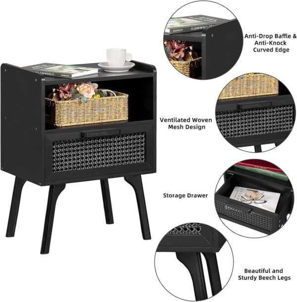 Lerliuo Rattan Nightstand, Boho Side Table with Drawer Open Shelf, Cane Accent Bedside End Table with Solid Wood Legs for Bedroom, Dorm and Small Spaces (Natural)