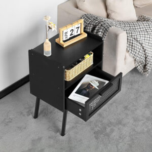Lerliuo Rattan Nightstand, Boho Side Table with Drawer Open Shelf, Cane Accent Bedside End Table with Solid Wood Legs for Bedroom, Dorm and Small Spaces (Natural)