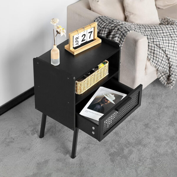 Lerliuo Rattan Nightstand, Boho Side Table with Drawer Open Shelf, Cane Accent Bedside End Table with Solid Wood Legs for Bedroom, Dorm and Small Spaces (Natural)