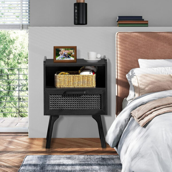 Lerliuo Rattan Nightstand, Boho Side Table with Drawer Open Shelf, Cane Accent Bedside End Table with Solid Wood Legs for Bedroom, Dorm and Small Spaces (Natural)