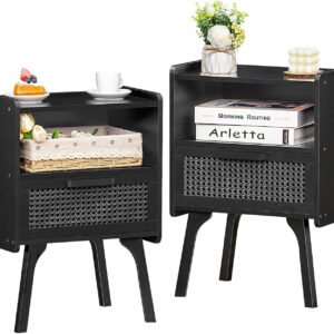 Lerliuo Rattan Nightstand, Boho Side Table with Drawer Open Shelf, Cane Accent Bedside End Table with Solid Wood Legs for Bedroom, Dorm and Small Spaces (Natural)