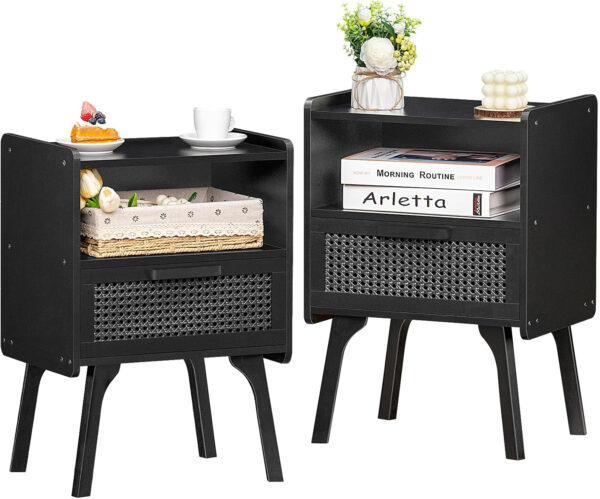 Lerliuo Rattan Nightstand, Boho Side Table with Drawer Open Shelf, Cane Accent Bedside End Table with Solid Wood Legs for Bedroom, Dorm and Small Spaces (Natural)