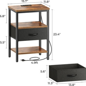 SUPERJARE Nightstand with Charging Station, Bed Side Table with Adjustable Fabric Drawer, Night Stand for Bedroom, 3-Tier Storage End Table, for Living Room, Rustic Brown and Black