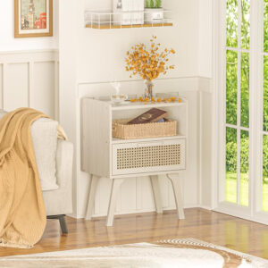 Lerliuo Rattan Nightstand, Boho Side Table with Drawer Open Shelf, Cane Accent Bedside End Table with Solid Wood Legs for Bedroom, Dorm and Small Spaces (Natural)