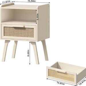 Lerliuo Rattan Nightstand, Boho Side Table with Drawer Open Shelf, Cane Accent Bedside End Table with Solid Wood Legs for Bedroom, Dorm and Small Spaces (Natural)