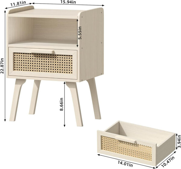 Lerliuo Rattan Nightstand, Boho Side Table with Drawer Open Shelf, Cane Accent Bedside End Table with Solid Wood Legs for Bedroom, Dorm and Small Spaces (Natural)