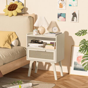 Lerliuo Rattan Nightstand, Boho Side Table with Drawer Open Shelf, Cane Accent Bedside End Table with Solid Wood Legs for Bedroom, Dorm and Small Spaces (Natural)