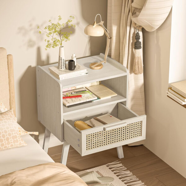 Lerliuo Rattan Nightstand, Boho Side Table with Drawer Open Shelf, Cane Accent Bedside End Table with Solid Wood Legs for Bedroom, Dorm and Small Spaces (Natural)