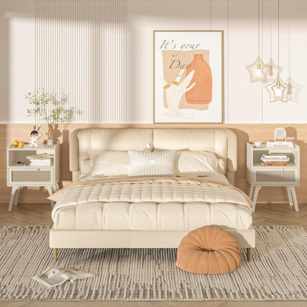Lerliuo Rattan Nightstand, Boho Side Table with Drawer Open Shelf, Cane Accent Bedside End Table with Solid Wood Legs for Bedroom, Dorm and Small Spaces (Natural)