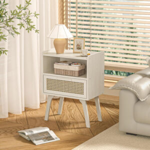 Lerliuo Rattan Nightstand, Boho Side Table with Drawer Open Shelf, Cane Accent Bedside End Table with Solid Wood Legs for Bedroom, Dorm and Small Spaces (Natural)