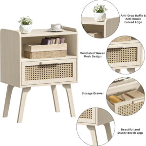 Lerliuo Rattan Nightstand, Boho Side Table with Drawer Open Shelf, Cane Accent Bedside End Table with Solid Wood Legs for Bedroom, Dorm and Small Spaces (Natural)
