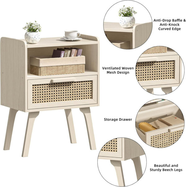 Lerliuo Rattan Nightstand, Boho Side Table with Drawer Open Shelf, Cane Accent Bedside End Table with Solid Wood Legs for Bedroom, Dorm and Small Spaces (Natural)